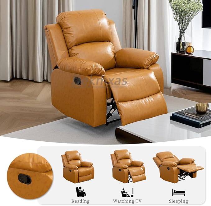 Modern Recliner Chair Bonded Leather Upholstered Reclining Chair Living Room Furniture Manual Accent Recliner Single Chair with Overstuffed Arm & Back for Home/Office/Rv Car (Ginger, Chair)