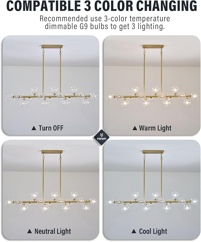 55" Long Brass Gold Chandeliers for Dining Room Kitchen Island, Large Globe Sputnik Linear Chandelier, 16 Lights Mid Century Modern Light Fixture Over Table, Clear Bubble, GC-08