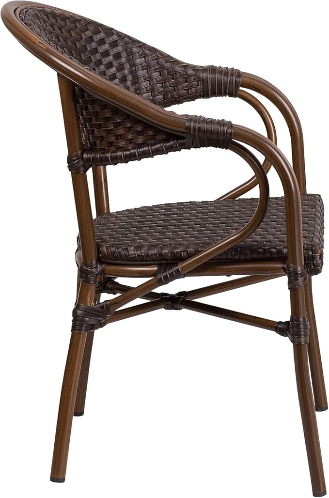 Flash Furniture 3 Pk. Milano Series Dark Brown Rattan Restaurant Patio Chair with Red Bamboo-Aluminum Frame