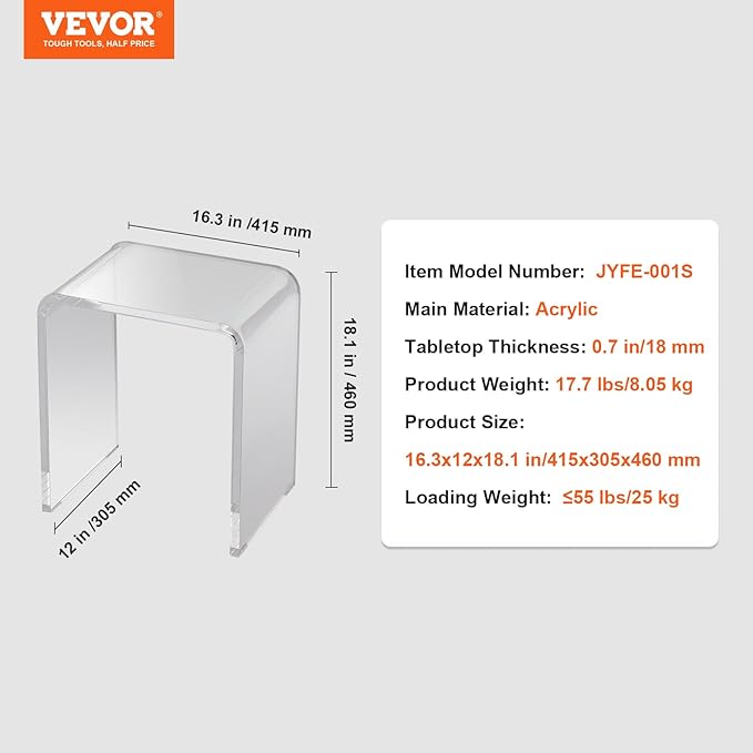 VEVOR Acrylic Side Table, U- Shaped Coffee Table, Clear Acrylic End Table with Waterfall Edges for Drink, Food, Snack Used in Living Room & Bedroom
