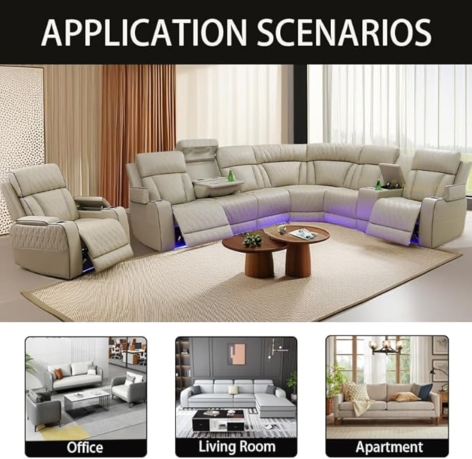 A Ainehome Furniture Reclining Sectional Sofa Set, Breathing Leather Furniture Set, L Shaped Recliner Couch with Storage Console for Living Room/Office/Home Theather(C-Beige)
