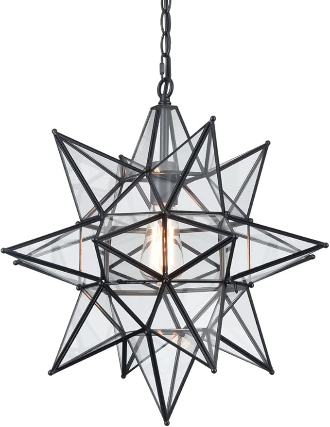 DIRYZON Boho Moravian Star Pendant Light 20 Inch Large Black Hanging Ceiling Light，Modern Clear Glass Pendant Lighting for Kitchen Island Porch Bedroom