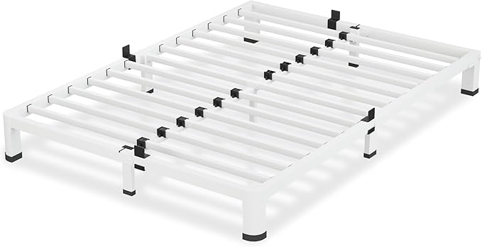 4 Inch White Queen Bed Frame, 3500Lbs Heavy Duty Metal Platform with Round Corner Legs Mattress Slide Stopper, Steel Slat Support No Box Spring Needed, Noise Free, Non-Slip, Easy Assembly