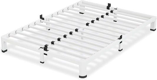 4 Inch White Queen Bed Frame, 3500Lbs Heavy Duty Metal Platform with Round Corner Legs Mattress Slide Stopper, Steel Slat Support No Box Spring Needed, Noise Free, Non-Slip, Easy Assembly