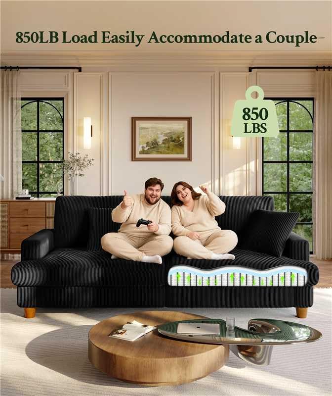 Welzona 87.2" Couches for Living Room, Comfy Sofa Set Tool-Free Setup, Corduroy Couch Set 7.5" Thicker Cushion, Accent Chair with Ottoman 848lbs Support, Sofas for Living Room Home Office, Black