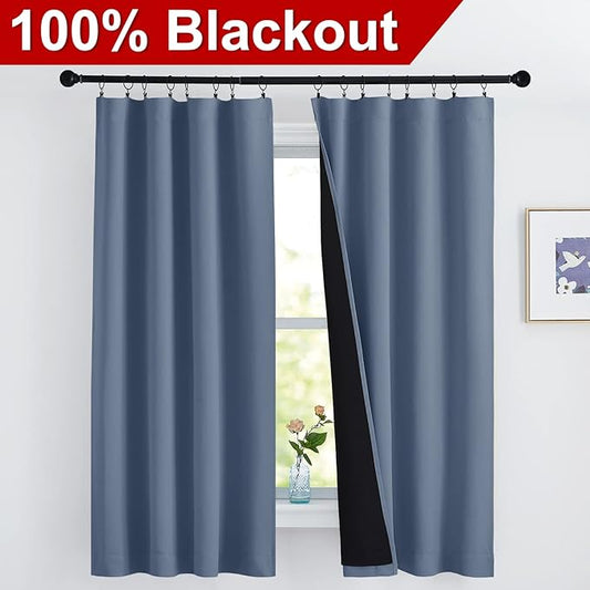 NICETOWN 100% Blackout Curtains, Thermal Insulated Black Liner Panels for Nursery Room, Noise Reducing and Cold Blocking Drapes for Windows (Set of 2, Stone Blue, 42 inches Wide by 63 inches Long)