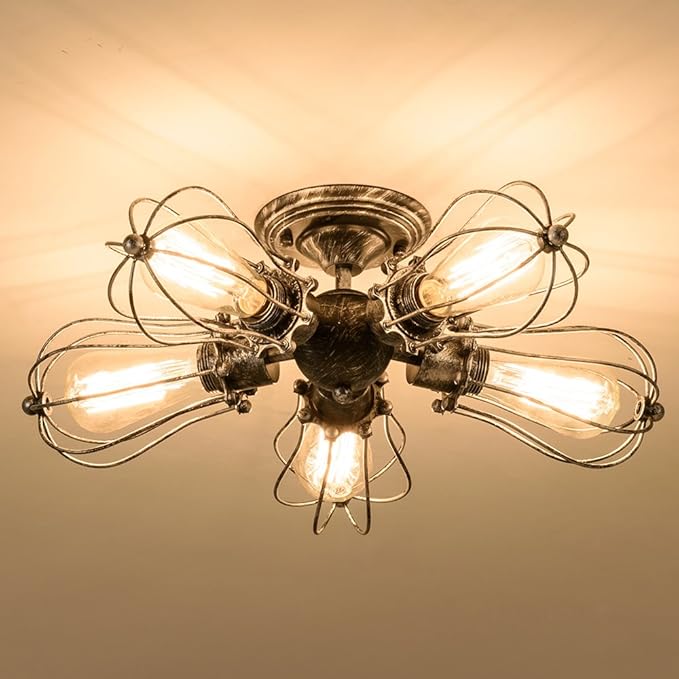Vintage Ceiling Light Industrial Semi-Flush Mount Ceiling Light Metal Fixtures Painted Finish (with 5 Light) (Silver)