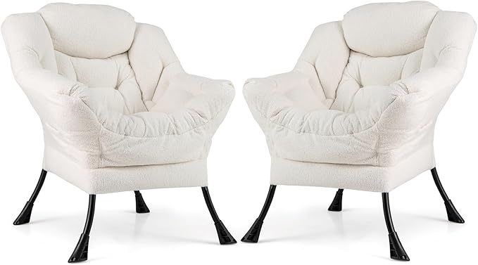 Giantex Set of 2 Lazy Chairs, Modern Sherpa Accent Chair w/Upholstered Single Sofa Chair w/Armrests & Side Pocket, Leisure Reading Lounge Chair for Living Room, Bedroom, Office, Dorm (White)