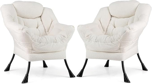 Giantex Set of 2 Lazy Chairs, Modern Sherpa Accent Chair w/Upholstered Single Sofa Chair w/Armrests & Side Pocket, Leisure Reading Lounge Chair for Living Room, Bedroom, Office, Dorm (White)