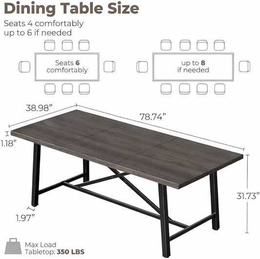 Concho 71" Solid Thick Dining Table for 6-8 People, Long Wooden Kitchen Dinner Table with Sturdy Metal Frame for Home Office,Dining Room,Living Room Furniture, Deep Grey(Chairs Not Included)