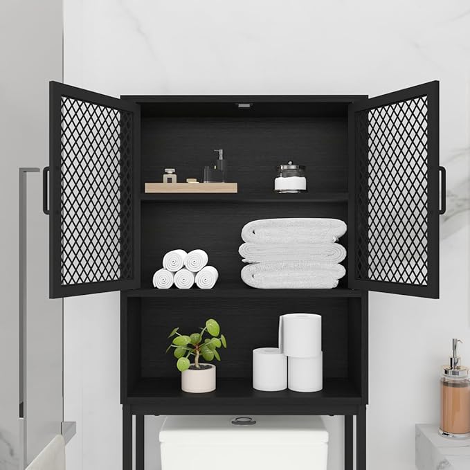 Launica Bathroom Organizer Over Toilet, Wood Metal Over The Toilet Storage, Industrial Bathrooms Space Saver Shelf Over Toilet, Freestanding Bathrooms Cabinet Above Toilet wtih Rack, Black Oak