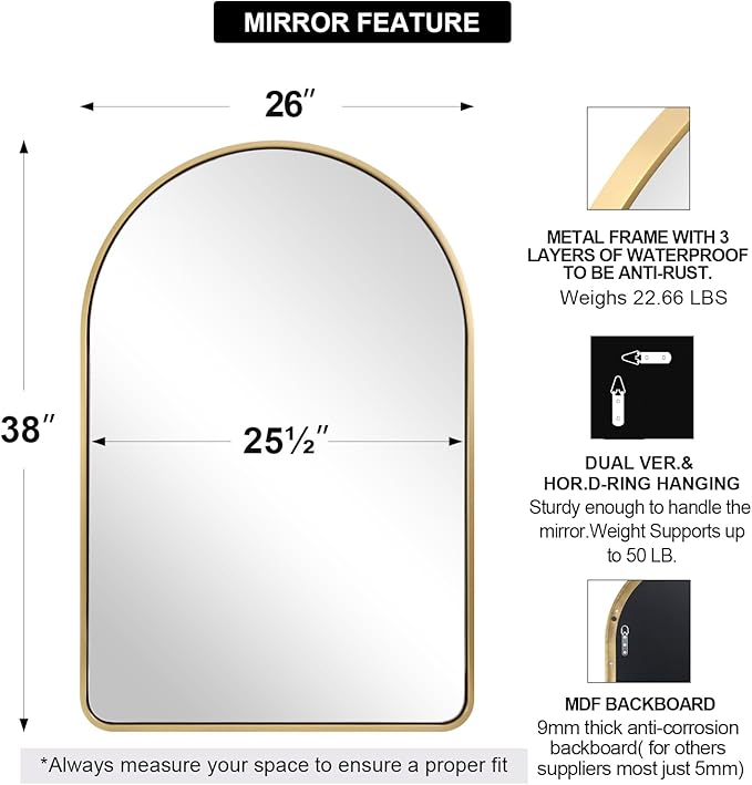 ANDY STAR Arched Mirror, 26''x38'' Brushed Brass Arched Top Rounded Corner, Stainless Steel Antirust, 1'' Deep Set Wall Mounted Vertical Bathroom Mirror