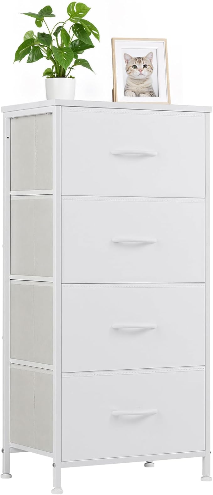 Nightstand with 4 Fabric Drawers, 37.4" H Tall Narrow Bedside Table with Wooden Top Steel Frame for Bedroom, Dorm, Closet, Living Room, White