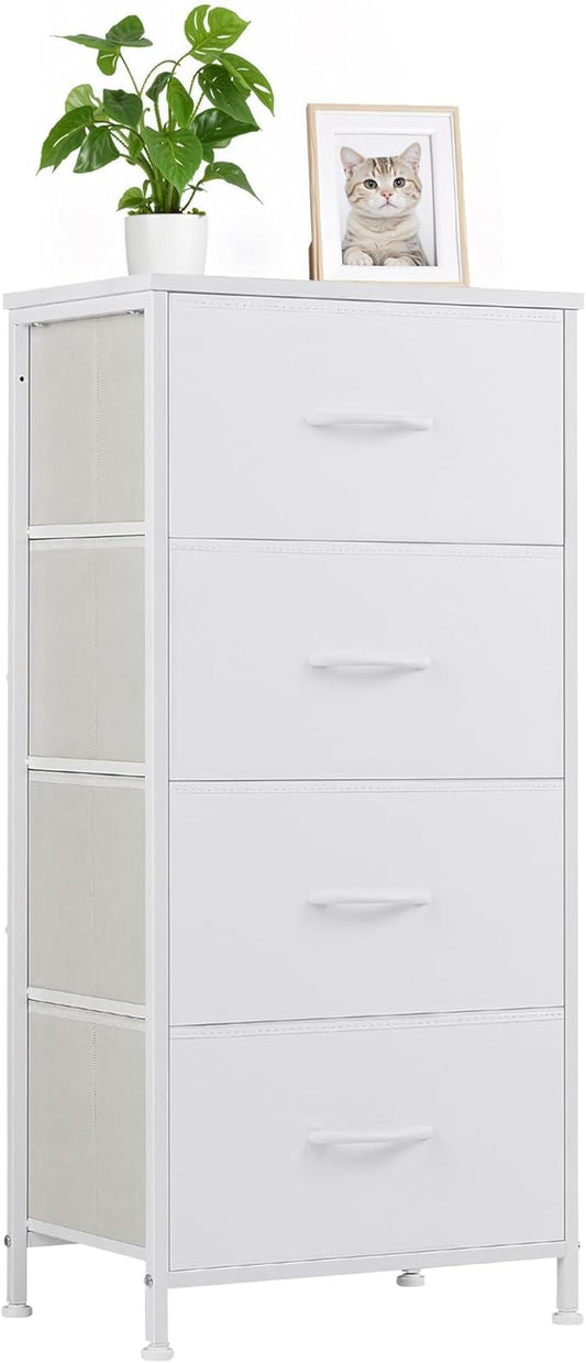 Nightstand with 4 Fabric Drawers, 37.4" H Tall Narrow Bedside Table with Wooden Top Steel Frame for Bedroom, Dorm, Closet, Living Room, White