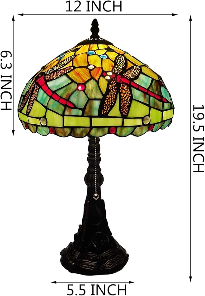 Tiffany Table Lamp Stained Glass Lamp 12X12X19 Inch Antique Reading Light (Green Red Dragonfly)