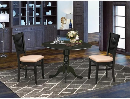 East West Furniture DLVA3-BLK-C 3 Piece Kitchen Table Set for Small Spaces Contains a Round Dining Room Table with Dropleaf and 2 Linen Fabric Upholstered Chairs, 42x42 Inch, Black