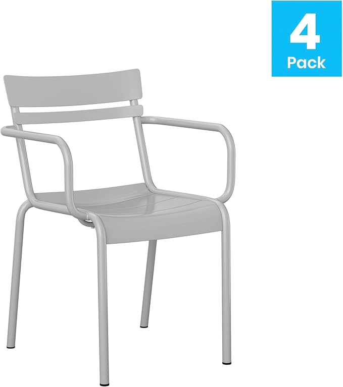 Flash Furniture Nash Commercial Grade Steel Stack Chair, Indoor-Outdoor Arm Chair with 2 Slat Back, Set of 4, Silver