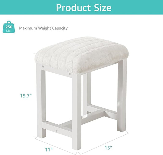 Small Vanity Stool, Cute Vanity Stools with Soft Faux Rabbit Fur Cushion, White Makeup Vanity Chair for Small Spaces, Living Room, Bedroom, Entryway, Ottoman Foot Rest for Couch Sillas Modern