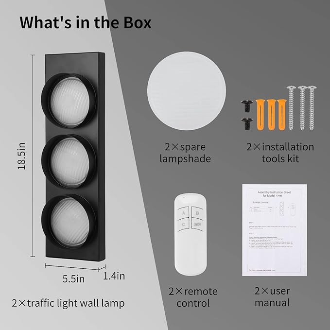 yeesport Traffic Light Wall Lamp, 2 Pcs Retro Traffic LED Light with Remote Controller, Kids Bedroom Stop Light, Room Decor Light, Vintage Fun Signal Light for Bedroom, Living Room, Club, Bar, Pub
