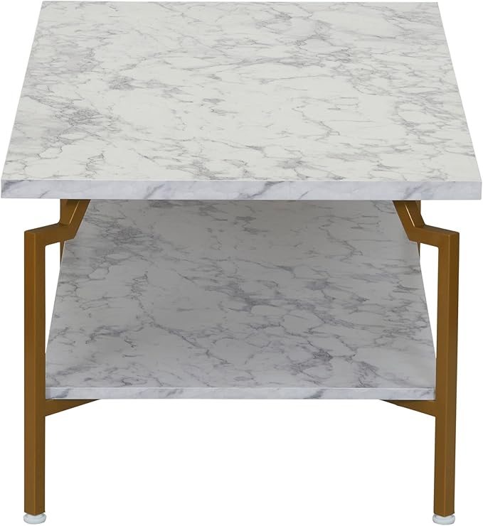 Household Essentials Crown Rectangular Coffee Table with Storage Shelf White Marble and Gold Metal