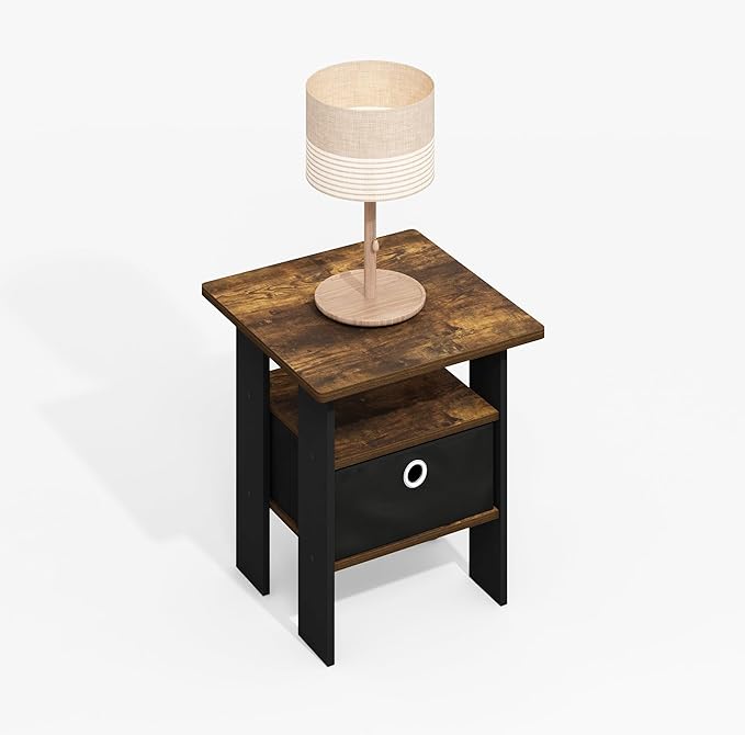 Furinno Modern Side Table, Square Top End Table with Storage Bin, Night Stand, Bedside Table with Storage Shelf, for Living Room, Bedroom, Amber Oak