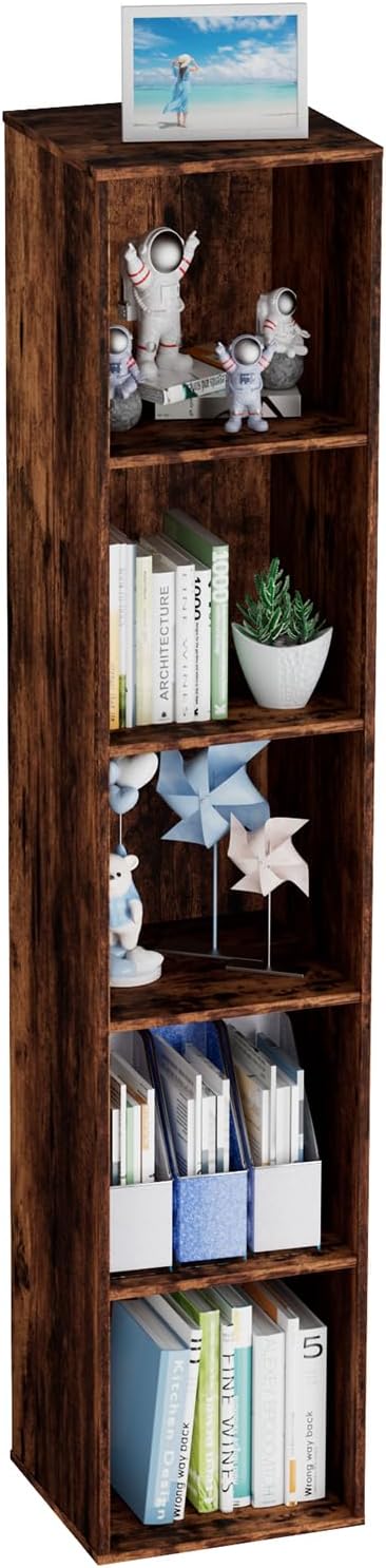 5 Tier Bookshelf, Open Tall Narrow Floor Standing Bookcase, Wooden Book Shelf Display Organizer for Home Office, Study (Retro Brown, 5 Cube)