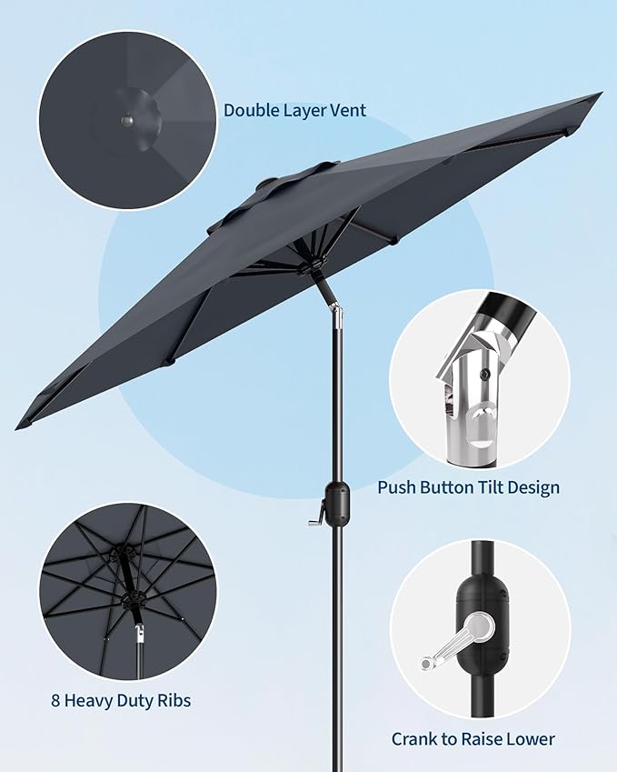 GarveeLife 10 ft Patio Umbrella, Outdoor Table Market Umbrella with Push Button Tilt and Crank, 8 Sturdy Ribs UV Protection Waterproof for Garden, Deck, Backyard, Pool (Grey)