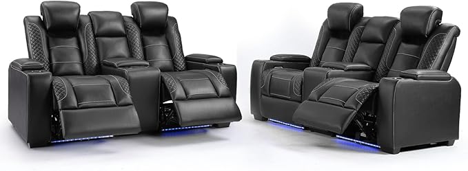 ANJ Power Reclining Loveseat, 2 PCS Reclining Loveseat with Center Console,LED Lights,USB,Storage, Faux Leather Living Room Furniture for Home Theater, Small Spaces & RV (Black)