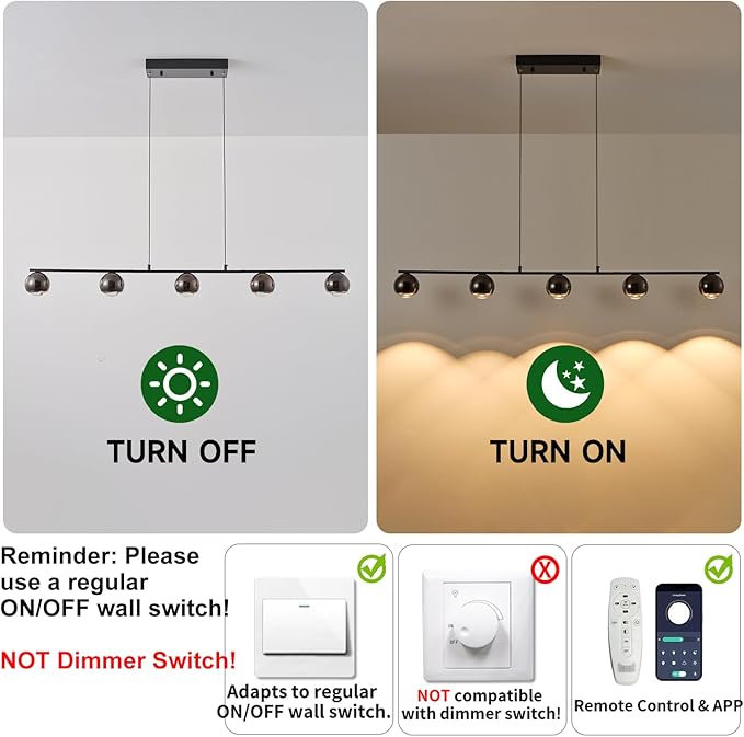 Modern LED Pendant Lights, Dimmable 47in Linear Globe LED Chandelier Lighting, Black & Gold Dining Room Hanging Light Fixtures Kitchen Island 5-Globe Pendant Light for Dining Table (3150lm)