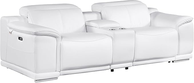 BlackJack Furniture Venice Top Grain Italian Leather Power Recline Loveseat Sofa - 93" Theater Seating Modern Couch for Living Room Apartment Lounge Home with Adjustable Headrests & USB Port, White