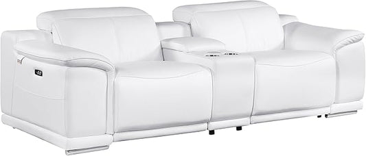 BlackJack Furniture Venice Top Grain Italian Leather Power Recline Loveseat Sofa - 93" Theater Seating Modern Couch for Living Room Apartment Lounge Home with Adjustable Headrests & USB Port, White