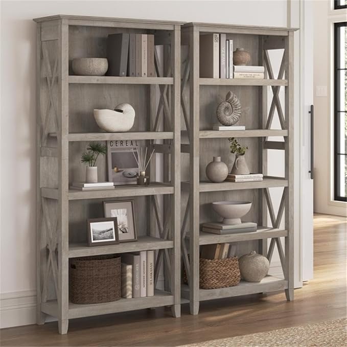 Bush Home Key West 5 Shelf Bookcase - Set of 2 | Tall Bookshelves in Washed Gray | Sturdy Display Shelves for Library, Living Room, and Home Office