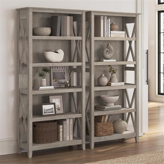 Bush Home Key West 5 Shelf Bookcase - Set of 2 | Tall Bookshelves in Washed Gray | Sturdy Display Shelves for Library, Living Room, and Home Office