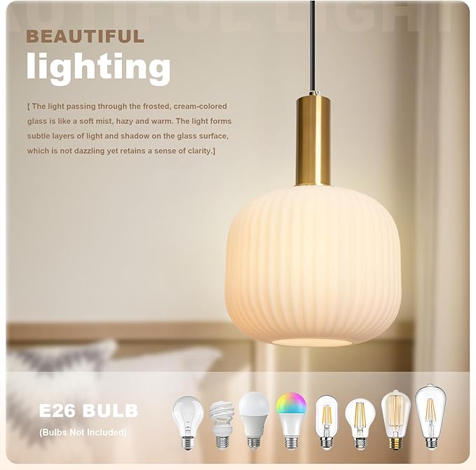White Pendant Lights Plug in Milk Glass Hanging Light with Plug in Cord 14.75FT Adjustable Mid Century Hanging Lights for Kitchen Island Dining Room Living Room Bar, 2 Pack