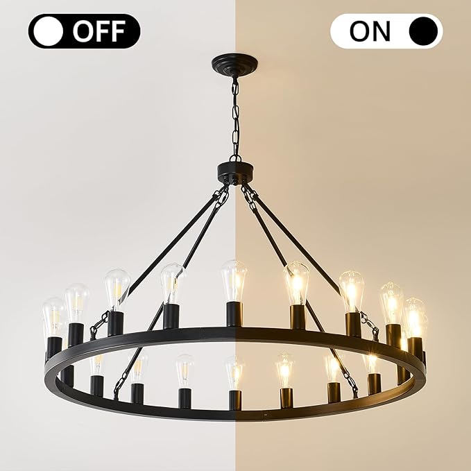 NILSE 40-Inch Large Black Wagon Wheel Chandelier 20-Light, Modern Chandelier for Living Room, Rustic Farmhouse Chandeliers for Entryway, Bedroom, Dining Room, Foyer, E26