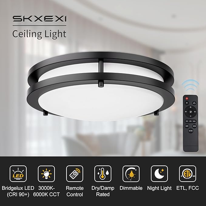 Flush Mount Ceiling Light with Remote: 2 Pack 16 Inch Lights fixture, 3000K-4500K-6000K Adjustable 3 Color Temperature, Dimmable Lighting Fixtures for Kitchen Bedroom Hardwired Installation (Black)