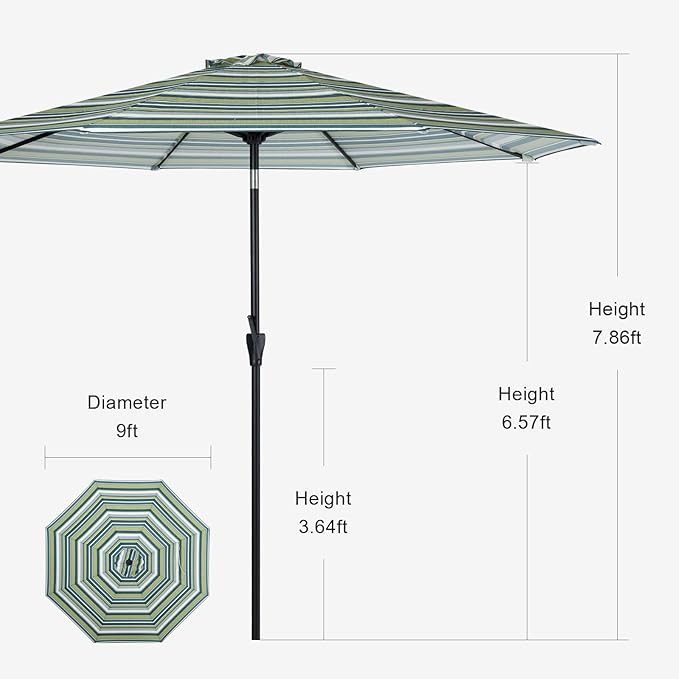 Tempera Striped Patio Umbrellas Outdoor Table Market Umbrellas with Crank & Pust Button Tilt|Auto-Tilt, 8 Steel Ribs, High Color-Fastness Canopy