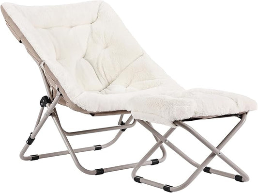 Tiita Folded Chair with Straight Ottoman, Soft Faux Fur Oversized Folding Accent Chair,Lazy Chair, Metal Frame Moon Chair for Bedroom, Living Room, Dorm Rooms, Garden and Courtyard, Beige