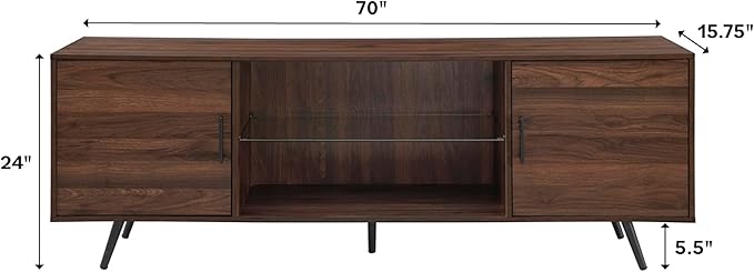 Walker Edison Saxon Mid Century Modern 2 Door Glass Shelf TV Stand for TVs up to 80 Inches, 70 Inch, Dark Walnut