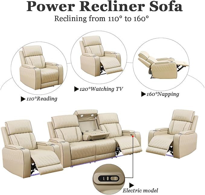 A Ainehome 3 Piece Power Recliner Sofa Set with LED, Power Leather Reclining Sofa and Chair Set, Leather Couches Sectional Recliner Chair for Living Room with USB Port/Storage Console