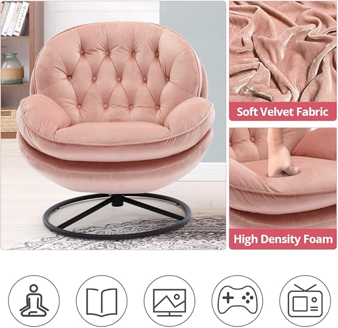 Velvet Swivel Accent Chair with Ottoman Set, Modern Lounge Chair with Metal Base Frame & Footrest, Comfortable Single Leisure Sofa Chair Reading Chair with 360 Degree Swiveling for Living Room, Pink