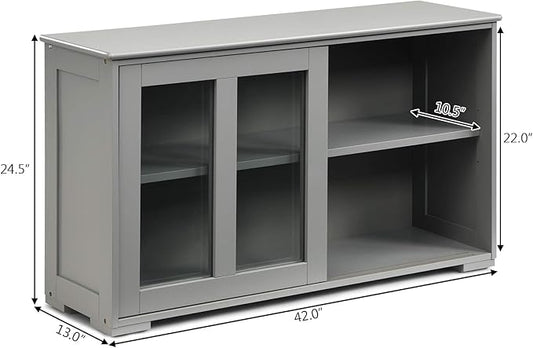 Costzon Sideboard Buffet Cabinet, Wooden Kitchen Storage Cabinet with Adjustable Shelf, Sliding Glass Doors, Accent Coffee Bar Cabinet Console Table for Living Room, Dining Room, Hallway (Grey)
