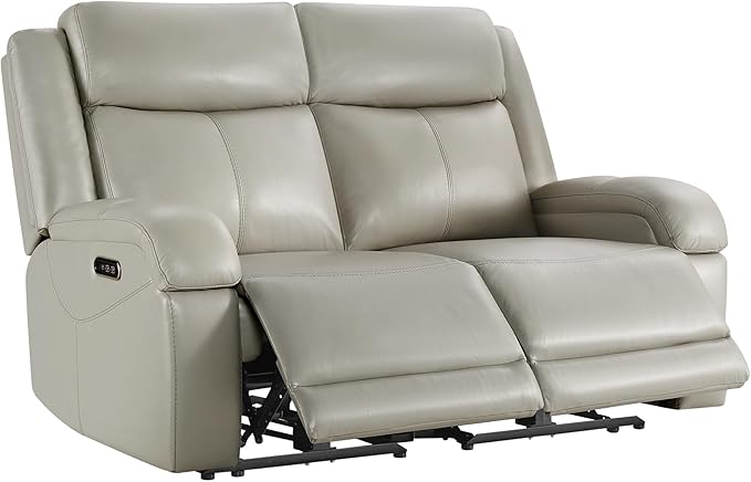 Watson & Whitely Genuine Leather Power Loveseat Recliner Sofa, 2 Seat Wall Hugger Reclining Sofa with Power Headrest & Charging Ports, Dual Recliner Sofas for Living Room, RV, Grey