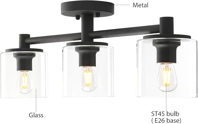 Pathson 3-Light Semi Flush Mount Ceiling Light, Industrial Pendant Lighting Fixture with Glass Shade, Ceiling Chandelier Lamp for Hallway Loft Kitchen Bar