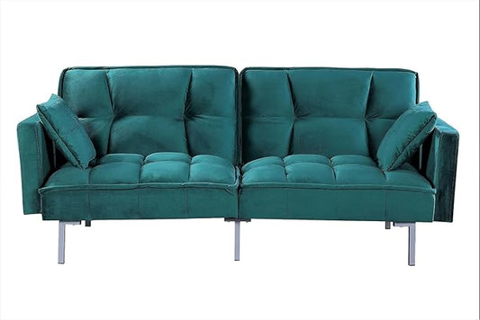 Container Furniture Direct Regal 75.6" Velvet Convertible Sofa Bed - Mid-Century Sleeper Couch w/Tufted Design & Metal Legs - Pull-Out Futon for Guests/Home (75.6" W x 34.6" D x 32" H), Blue