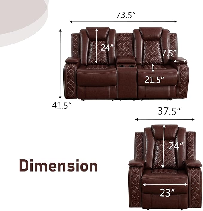 Power Recliner Loveseat and Chair, Air Leather Reclining Couch with LED/Cup Holders/Storage, 2 Pieces Reclining Living Room Furniture, Burgundy Leather Loveseat and Chair for House/Apartment/Office