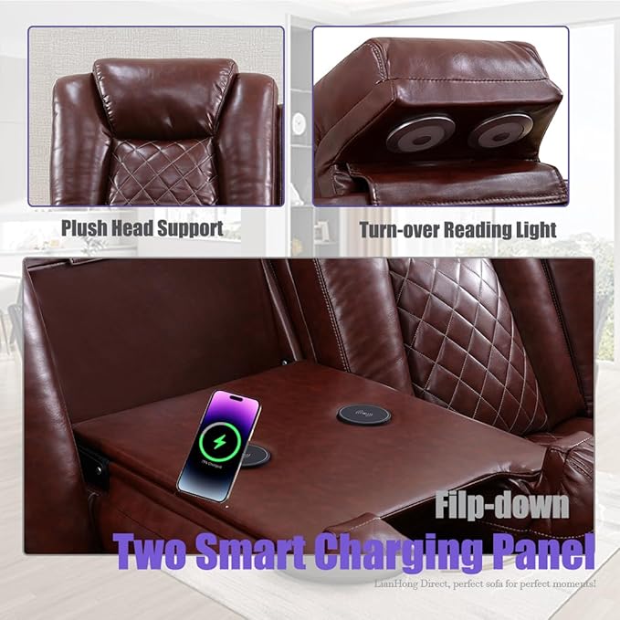 Leather Power Reclining Sectional Sofa Sets, Brown Recliner Sectional Sofa and 2 Chairs, Power Recliner Couch Living Room Furniture Set, L-Shaped Breathing Leather Couch with LED for Office