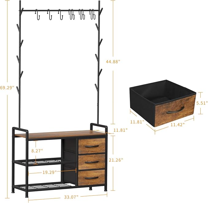 HOMEKOKO Coat Rack Tree Shoe Bench, Hall Tree for Entryway with Drawer Cubby Storage Bench, Wood Look Accent Furniture with Metal Frame, 3-in-1 Design (Rustic Brown)