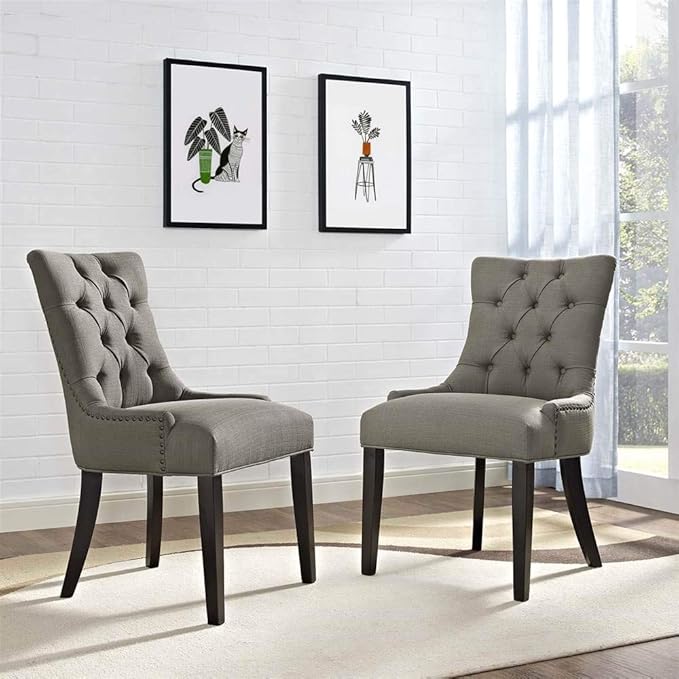 Modway Regent Modern Tufted Upholstered Fabric Two Dining Chairs with Nailhead Trim in Granite