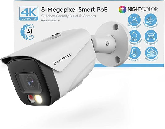 Amcrest UltraHD 4K (8MP) IP PoE AI Camera, FOV 129°, 49ft Color Nightvision, Security Outdoor Bullet Camera, Human & Vehicle Detection, Active Deterrent, 4K @15fps, IP8M-2796EW-AI (White)